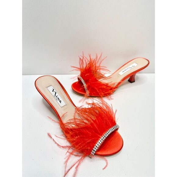 Nina Sandals Womens Size 6 Red Feather Embellished Slip On Open Toe Shoes - Picture 5 of 10